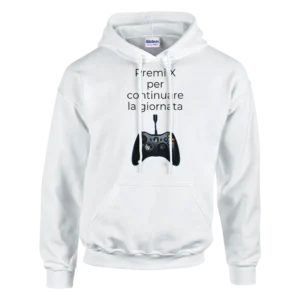Felpa con scritto "Premi X per continuare la giornata" e un joystick dell'XBox.